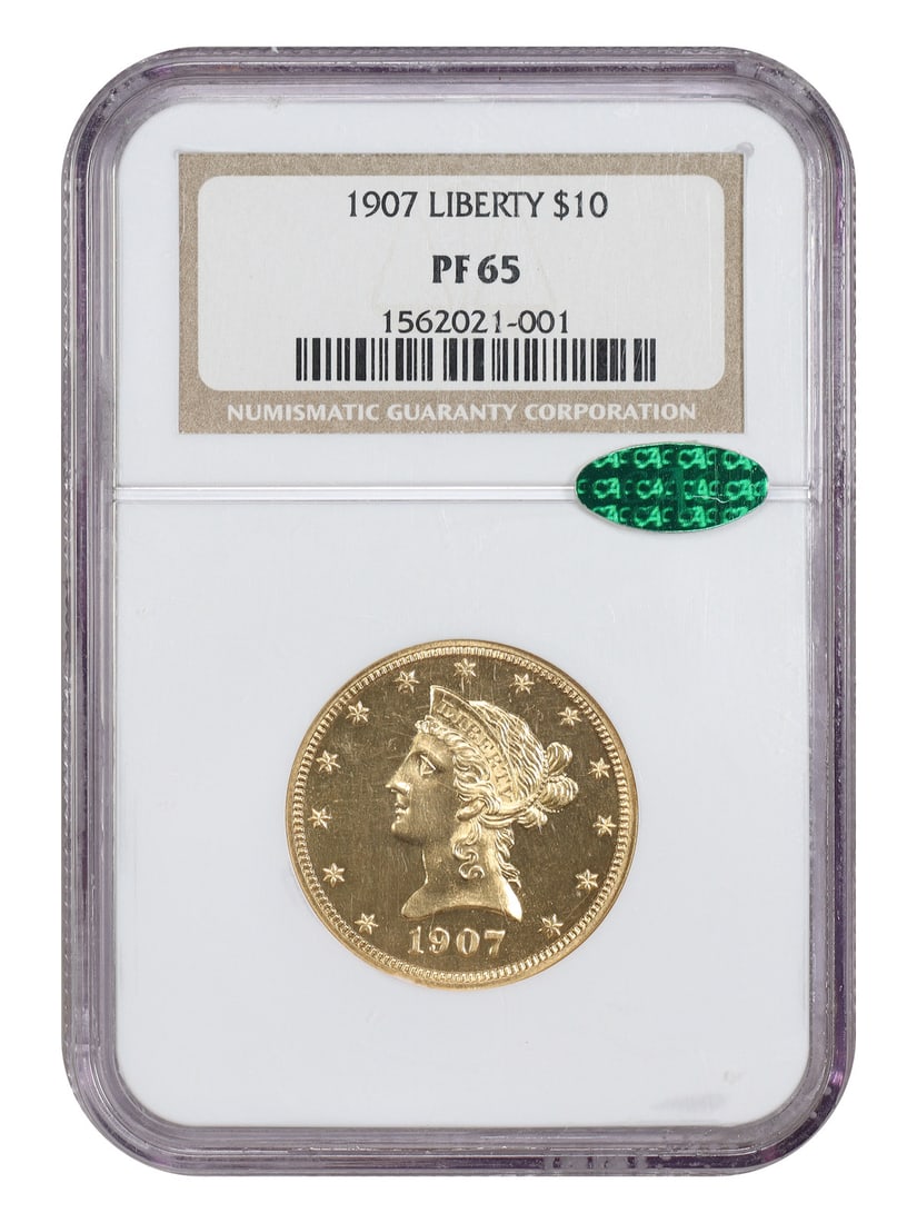 NGC CAC PR65 1907 Liberty Head $10 Gold Coin: NGC CAC PR65 1907 Liberty Head $10 Gold Coin 1907 Liberty Head $10 gold coin certified by NGC and CAC in PR65 grade. This is the final year of the Liberty Gold series and the final proof issue. It has