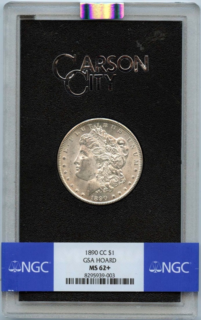 NGC MS62+ 1890 Carson City Morgan Silver Dollar GSA Hoard: NGC MS62+ 1890 Carson City Morgan Silver Dollar GSA Hoard 1890-CC Morgan Dollar from the GSA Hoard, graded NGC MS62+. This uncirculated United States silver dollar is a pre-owned collectible with Cars