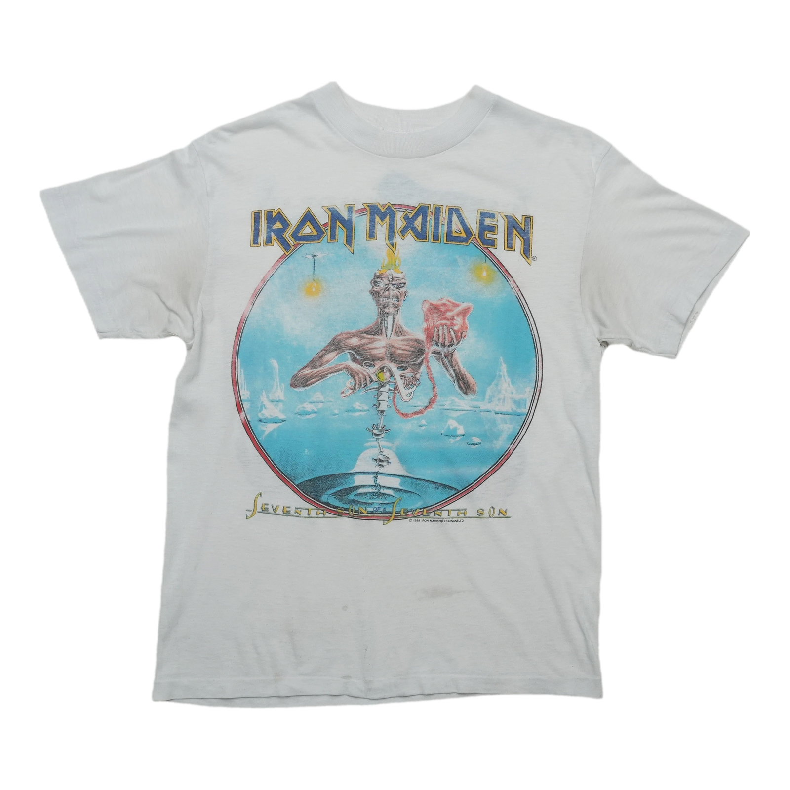 Vintage 1988 Iron Maiden Seventh Son White 50 50 Poly Cotton Shirt (1 of 8)