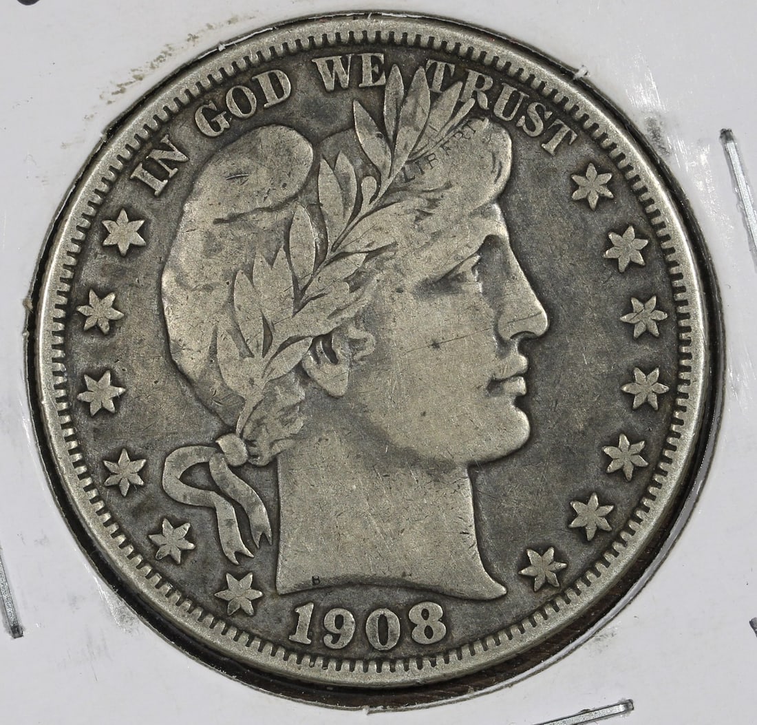 1908-O Silver Barber Half Dollar VF Better Date: 1908-O Silver Barber Half Dollar VF Better Date This 1908-O Barber Half Dollar is a circulated silver coin from the United States, featuring the Barber design. Minted in New Orleans, it is composed of