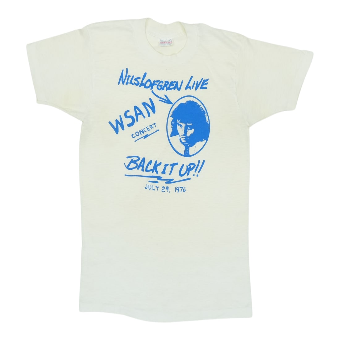 Vintage 1976 Nils Lofgren Tan Poly Cotton Concert T Shirt: Vintage 1976 Nils Lofgren Tan Poly Cotton Concert T Shirt This is an original vintage 1976 Nils Lofgren Live Concert Shirt. The shirt is made from a 50/50 poly/cotton blend in a tan color and features