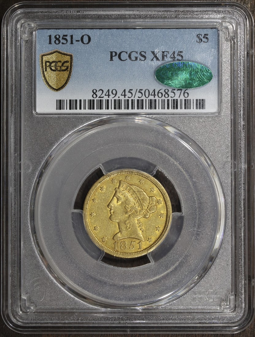 1851-O Liberty Head $5 Gold Half Eagle PCGS XF45 CAC: 1851-O Liberty Head $5 Gold Half Eagle PCGS XF45 CAC 1851-O Liberty Head Gold Half Eagle $5 coin graded XF45 by PCGS with CAC approval. This pre-1933 United States gold coin is a pre-owned example of 