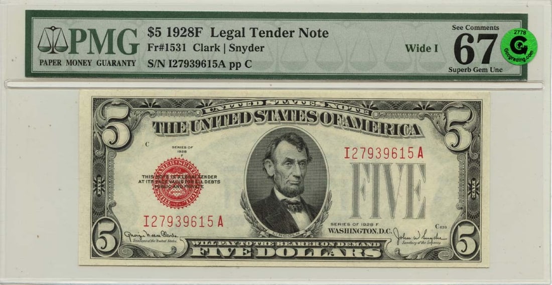 PMG 67 EPQ 1928F $5 Legal Tender Note Fr 1531 Wide I (1 of 2)