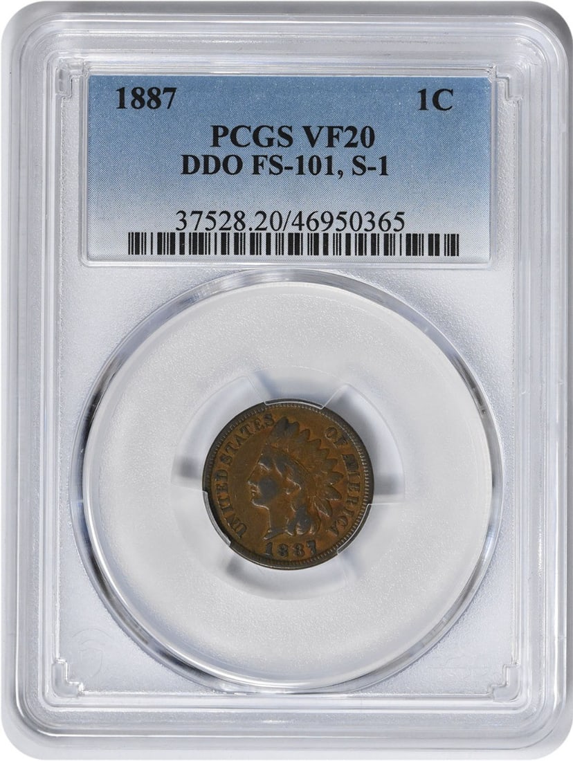 1887 PCGS VF20 Indian Head Small Cent DDO FS-101 S-1: 1887 PCGS VF20 Indian Head Small Cent DDO FS-101 S-1 1887 Indian Head Small Cent with DDO FS-101 and S-1 designation, graded VF20 by PCGS. This circulated copper coin is a pre-owned United States issu