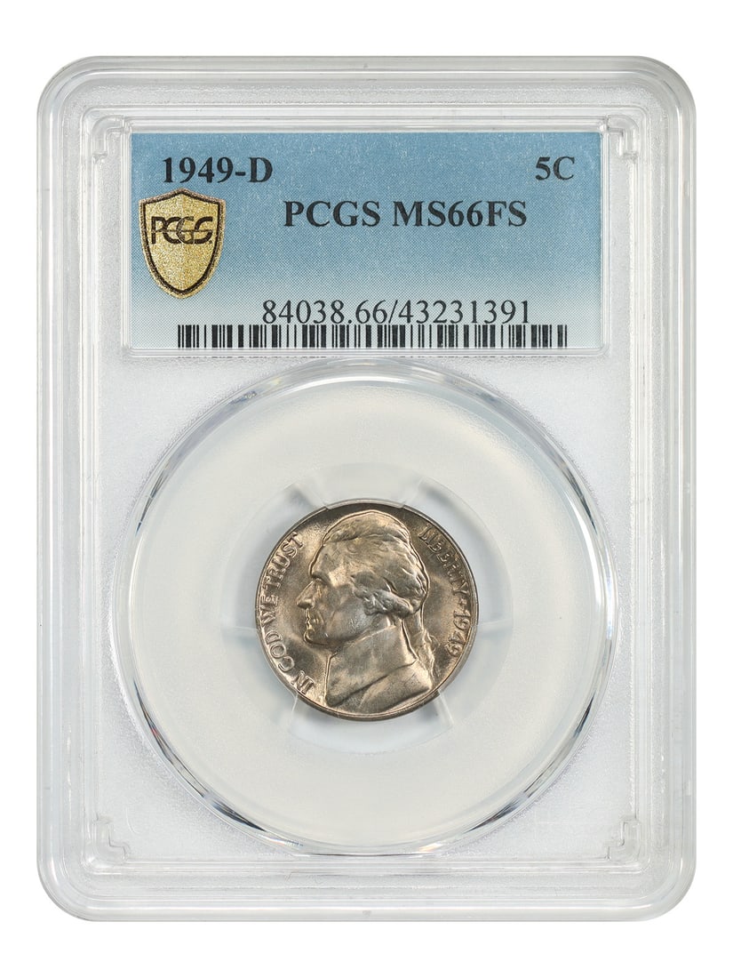 PCGS MS66FS 1949-D Jefferson Nickel 5C: PCGS MS66FS 1949-D Jefferson Nickel 5C 1949-D Jefferson Nickel certified by PCGS as MS66FS. This uncirculated pre-owned coin is a Denver Mint issue. Specifications Denomination: 5C Year: 1949 Mint Loc