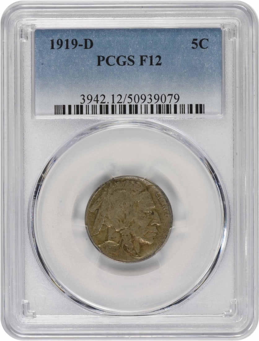 1919-D Buffalo Nickel 5C PCGS Certified by James Earle Fraser: 1919-D Buffalo Nickel 5C PCGS Certified by James Earle Fraser This 1919-D Buffalo Nickel, graded F12 by PCGS, showcases a rich history and craftsmanship. Minted in Denver, this coin is composed of 75%