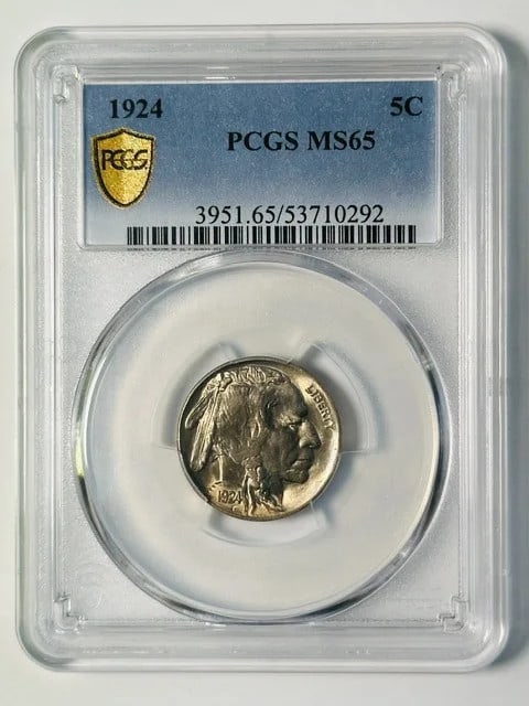 PCGS MS-65 1924 Buffalo Nickel 5 Cents Philadelphia: PCGS MS-65 1924 Buffalo Nickel 5 Cents Philadelphia 1924 Buffalo Nickel graded MS 65 by PCGS. This pre-owned 5 cent coin is composed of nickel and was minted in Philadelphia, USA. Specifications Year: