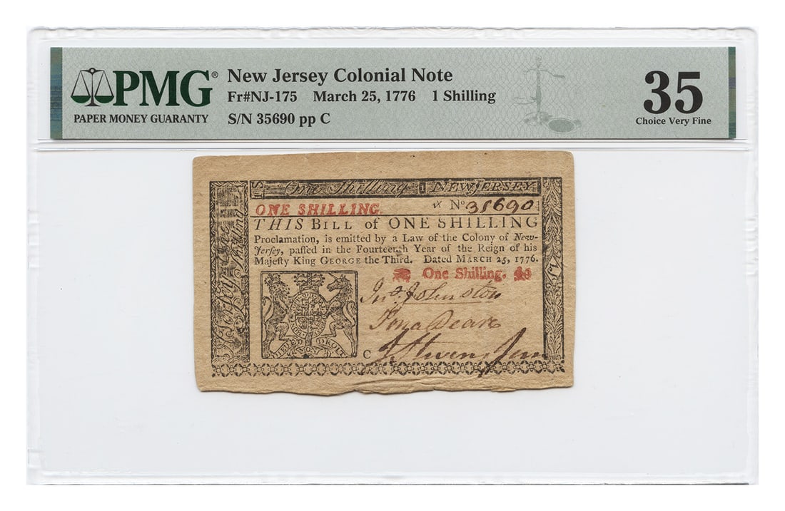 1776 New Jersey Colonial Currency 1 Shilling Note PMG Choice VF35: 1776 New Jersey Colonial Currency 1 Shilling Note PMG Choice VF35 New Jersey Colonial Currency 1 Shilling note dated 25-Mar-1776, certified by PMG and graded Choice VF35. This pre-owned example is cir