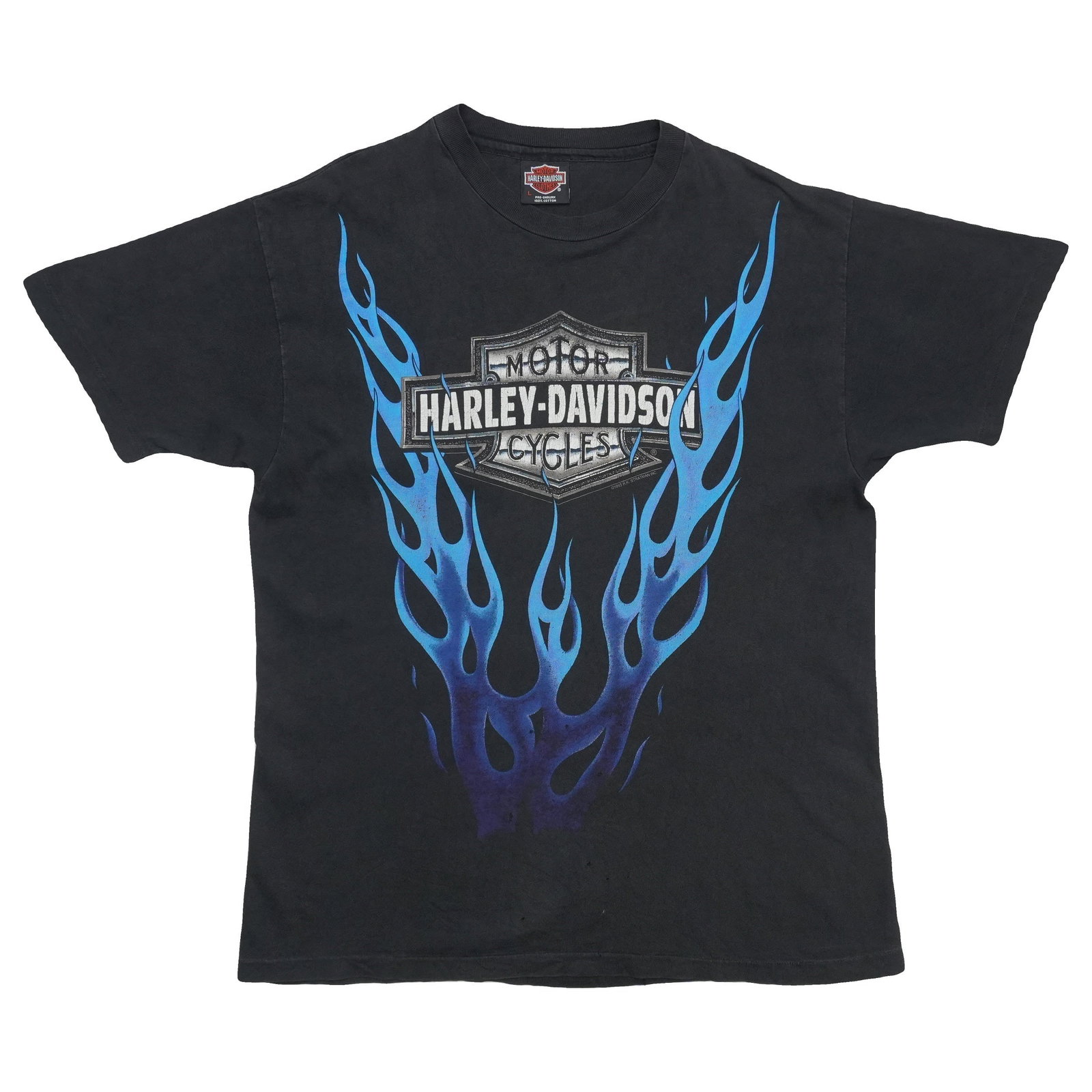 Vintage 1993 Blue Flame Graphic Harley Davidson Black Cotton T Shirt: Vintage 1993 Blue Flame Graphic Harley Davidson Black Cotton T Shirt This is an original vintage 1993 Harley Davidson shirt featuring blue flame graphics on both the front and back. Made from 100% cot