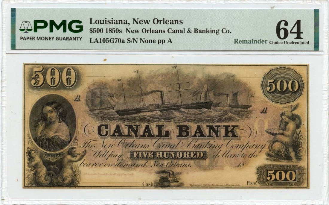 Canal Bank $500 Obsolete Currency New Orleans PMG Certified CU64: Canal Bank $500 Obsolete Currency New Orleans PMG Certified CU64 This is an 1850s $500 Canal Bank obsolete note from New Orleans, Louisiana. The note has been certified by PMG and is graded CU64. It i