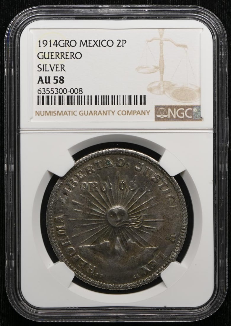 Mexico Guerrero 1914GRO 2P Coin NGC AU58 KM-643 GB-217: Mexico Guerrero 1914GRO 2P Coin NGC AU58 KM-643 GB-217 1914 Mexico Guerrero 2 pesos coin certified by NGC and graded AU58. This pre-owned coin is listed as circulated and offers a documented example f