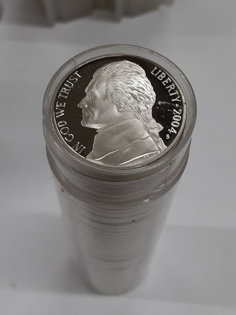 Roll of 40 2004-S Jefferson Proof Nickels Keelboat Reverse in Tube: Roll of 40 2004-S Jefferson Proof Nickels Keelboat Reverse in Tube This roll contains 40 uncirculated 2004-S Proof Jefferson Nickels, each featuring the Keelboat design on the reverse. These coins are
