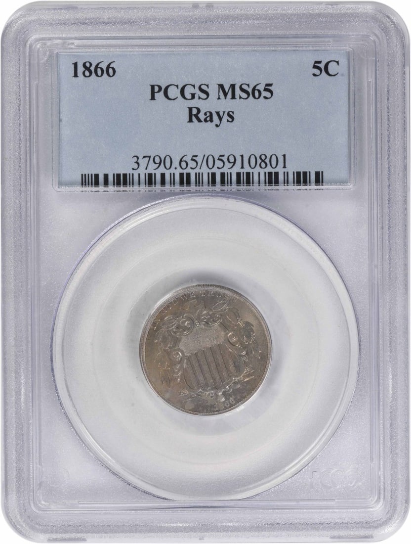 1866 PCGS MS65 Shield Nickel 5C Philadelphia: 1866 PCGS MS65 Shield Nickel 5C Philadelphia 1866 Shield nickel graded MS65 by PCGS. This uncirculated 5-cent coin is a pre-owned United States issue from Philadelphia. Specifications Year: 1866 Coin: