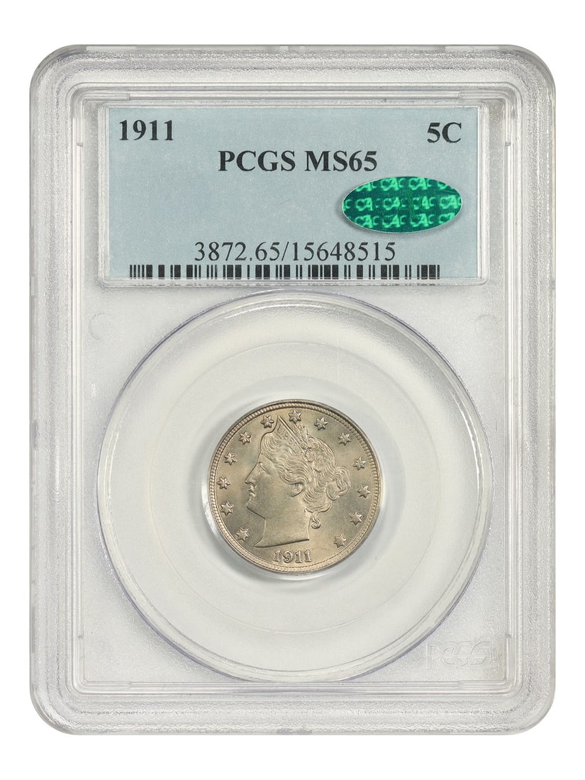 PCGS CAC MS65 1911 Liberty Head 5C Nickel: PCGS CAC MS65 1911 Liberty Head 5C Nickel 1911 Liberty Nickel certified by PCGS and designated CAC. This pre-owned coin is an uncirculated example from the Philadelphia Mint. Specifications Denominati