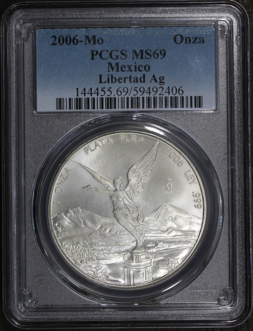 PCGS MS69 2006-Mo Mexico Silver Libertad 1 oz Key Date: PCGS MS69 2006-Mo Mexico Silver Libertad 1 oz Key Date 2006 Mexico 1 oz Silver Libertad coin graded MS69 by PCGS. It is composed of 0.999 fine silver and was minted by the Mexican Mint. Listed as pre-
