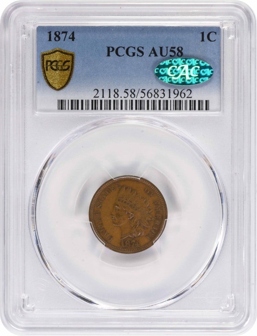 PCGS CAC AU58 1874 Indian Head Small Cent: PCGS CAC AU58 1874 Indian Head Small Cent 1874 Indian Head Small Cent graded AU58 by PCGS and bearing CAC approval. This pre-owned United States copper coin is a circulated example of the Indian Head 