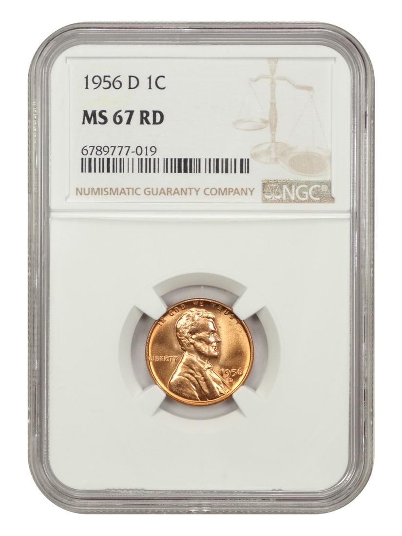 NGC MS67RD 1956-D Lincoln Wheat Cent 1C RD: NGC MS67RD 1956-D Lincoln Wheat Cent 1C RD 1956-D Lincoln Cent with Wheat Reverse, certified by NGC as MS67RD. This pre-owned coin is an uncirculated example. Specifications Denomination: 1C Year: 195