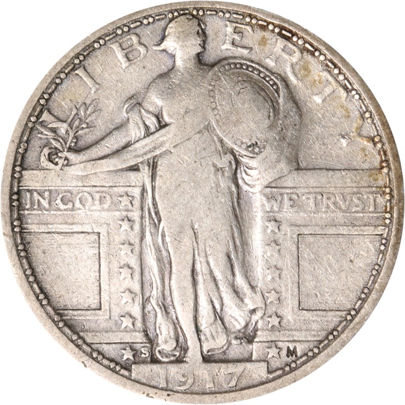 San Francisco Mint 1917 Silver Standing Liberty Type 1 Quarter: San Francisco Mint 1917 Silver Standing Liberty Type 1 Quarter This is a 1917-S Type 1 Standing Liberty Quarter from the San Francisco Mint. The coin is composed of silver and is in circulated, pre-ow