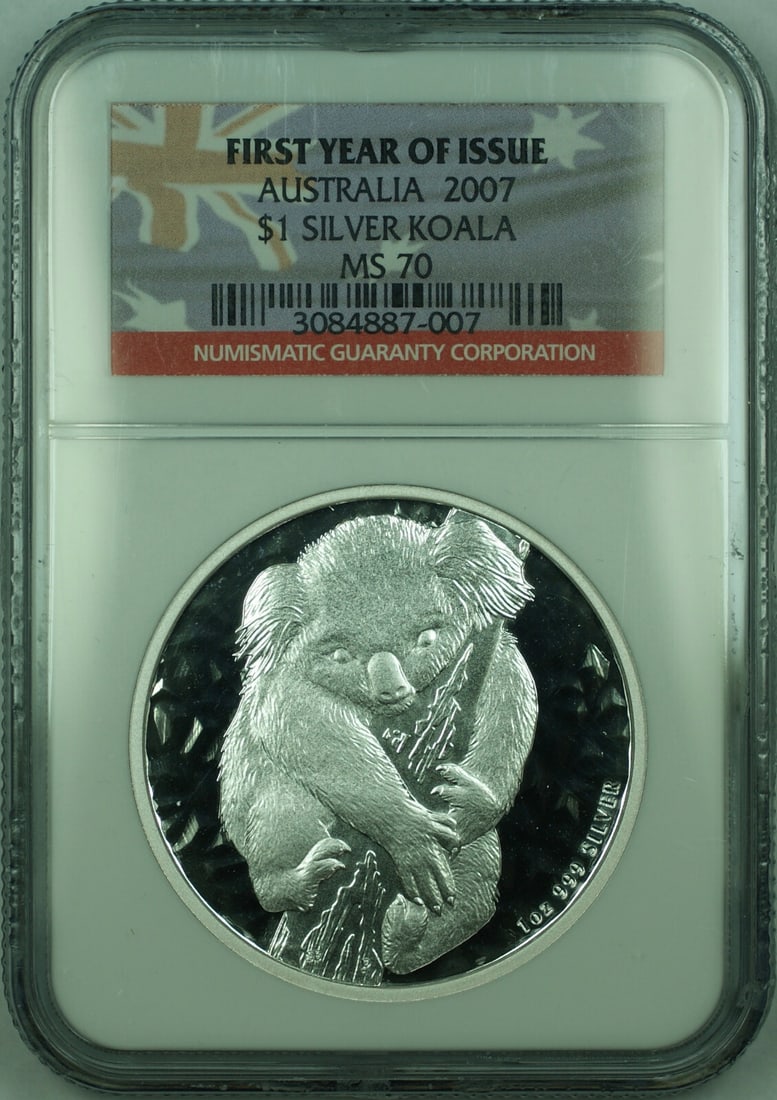 2007 NGC MS 70 Koala Silver 1 Oz $1 Coin First Year Release Australia: 2007 NGC MS 70 Koala Silver 1 Oz $1 Coin First Year Release Australia This is a 2007 Australia Silver 1 Oz Koala $1 Dollar Coin, graded MS-70 by NGC. It is the first year issue of this series and feat