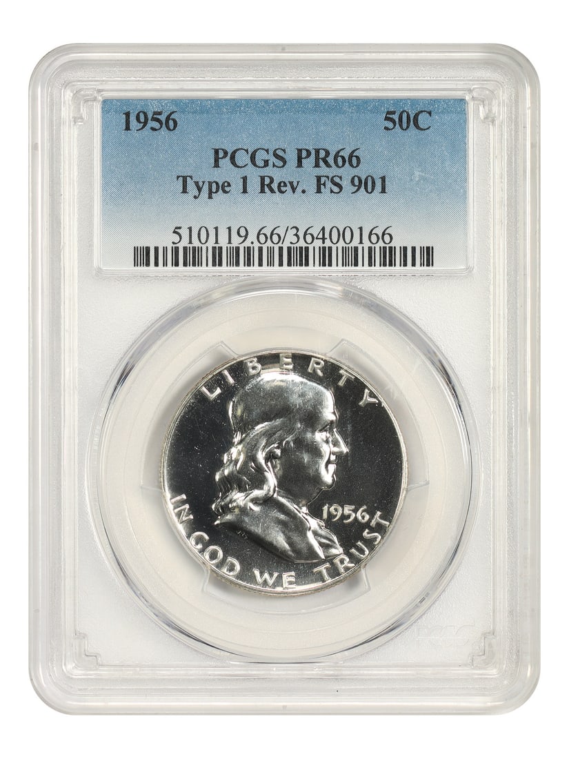 Franklin Half Dollar 1956 50C PCGS PR66 FS 901 Type 1 Reverse: Franklin Half Dollar 1956 50C PCGS PR66 FS 901 Type 1 Reverse 1956 Franklin Half Dollar 50C, graded PCGS PR66 with Type 1 Reverse and FS 901 designation. Struck in Philadelphia, this uncirculated coin