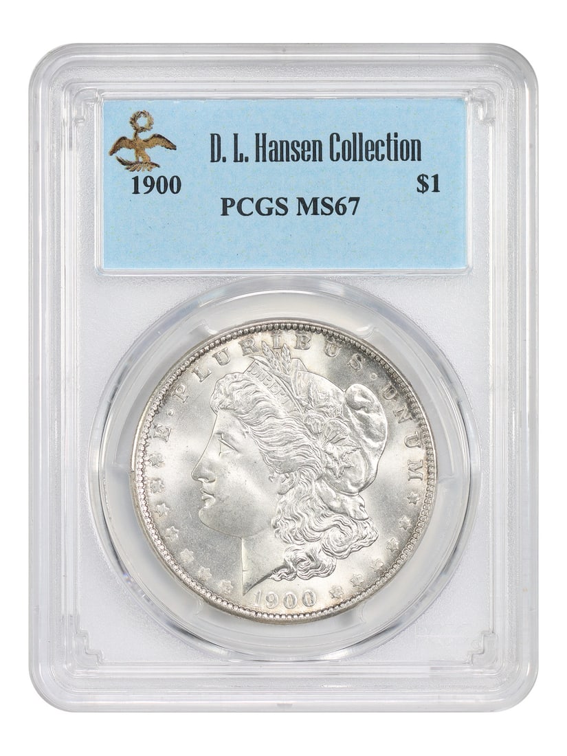 1900 Morgan Dollar $1 PCGS MS67 ex D.L. Hansen: 1900 Morgan Dollar $1 PCGS MS67 ex D.L. Hansen 1900 Morgan Dollar certified by PCGS in MS67 grade, ex: D.L. Hansen. An uncirculated example with certification number 37121332. The original description