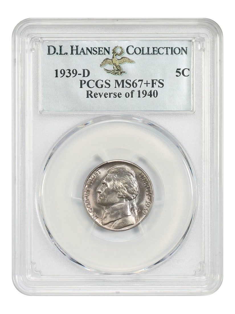 Jefferson Nickel 1939-D PCGS MS67+FS Reverse of 1940 ex D.L. Hansen: Jefferson Nickel 1939-D PCGS MS67+FS Reverse of 1940 ex D.L. Hansen 1939-D Jefferson Nickel certified by PCGS as MS67+FS, noted as Reverse of 1940 and ex: D.L. Hansen. This uncirculated example is des