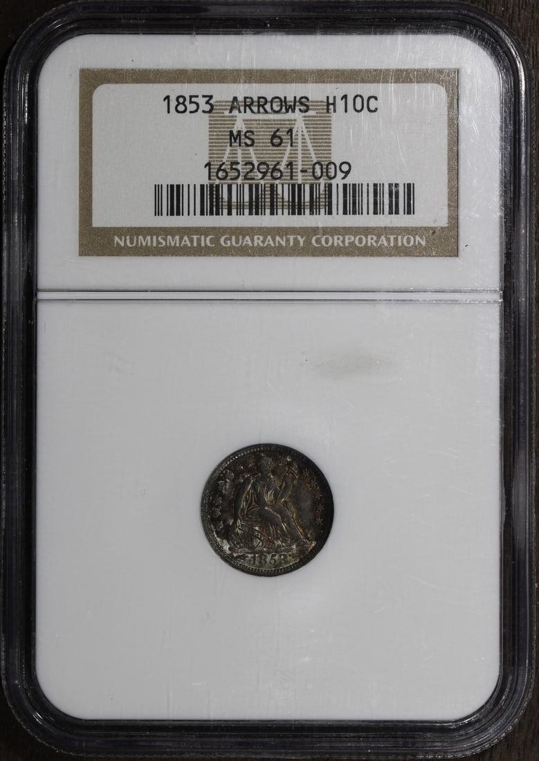 NGC MS61 1853 Seated Liberty Half Dime H10C Arrows: NGC MS61 1853 Seated Liberty Half Dime H10C Arrows 1853 Seated Half Dime with Arrows, graded MS61 by NGC. This pre-owned United States silver coin was struck in Philadelphia and features the Arrows va