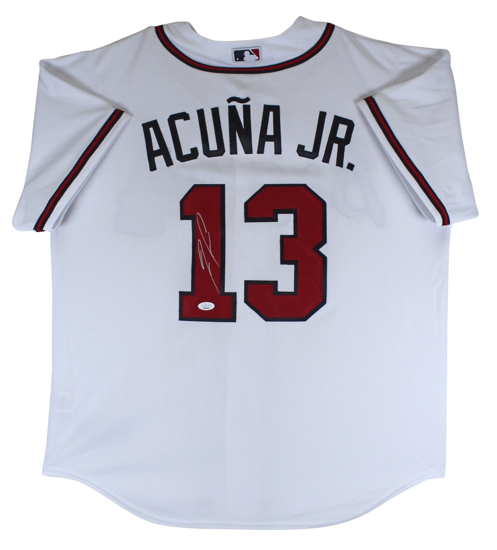 Ronald Acuna Jr. Signed White Majestic Jersey Atlanta Braves JSA Authenticated: Ronald Acuna Jr. Signed White Majestic Jersey Atlanta Braves JSA Authenticated This authentic white Majestic Cool Base jersey has been personally signed by Ronald Acuna Jr., the talented player of the