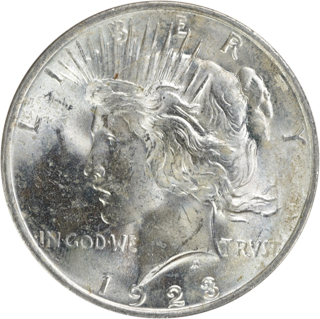1923 $1 Peace Dollar Silver Uncirculated Uncertified MS63: 1923 $1 Peace Dollar Silver Uncirculated Uncertified MS63 1923 Peace Silver Dollar in uncirculated, pre-owned condition. This silver $1 coin is listed as uncertified and graded MS63. Specifications Co