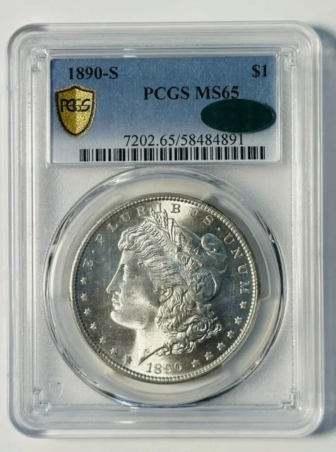 PCGS MS-65 CAC 1890 S Morgan Silver Dollar: PCGS MS-65 CAC 1890 S Morgan Silver Dollar Pre-owned 1890-S Morgan Silver Dollar graded MS 65 by PCGS and approved by CAC. This silver dollar was struck in San Francisco and is identified as an 1890-S