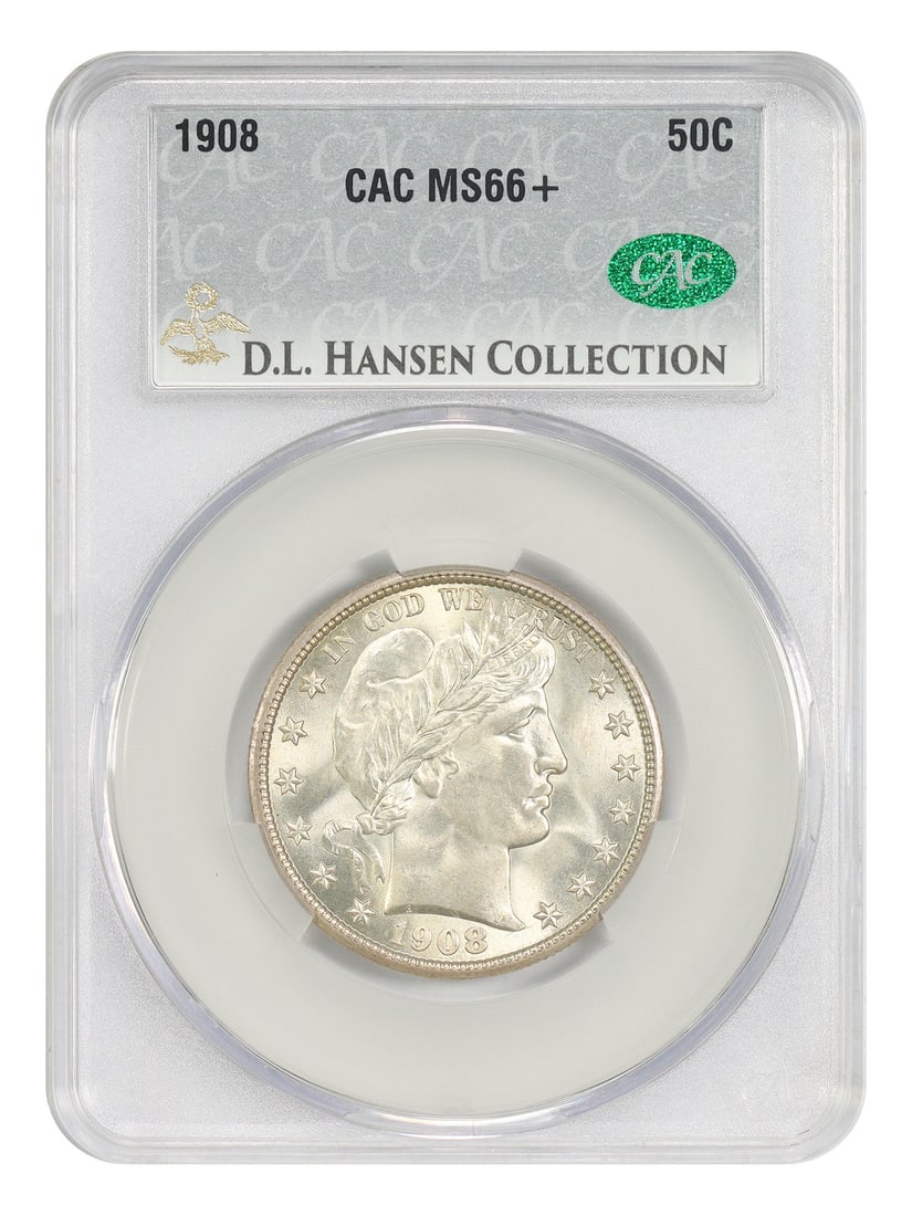 1908 Barber Half Dollar 50C CACG MS66+ D.L. Hansen Pedigree: 1908 Barber Half Dollar 50C CACG MS66+ D.L. Hansen Pedigree 1908 Barber Half Dollar graded CACG MS66+ and pedigreed ex: D.L. Hansen. This uncirculated example is described as a high-end gem for the ty