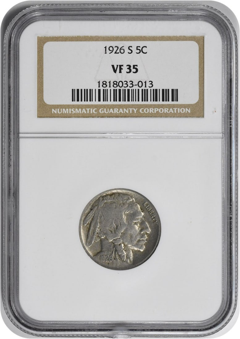NGC VF35 1926-S Buffalo 5 Cent Nickel: NGC VF35 1926-S Buffalo 5 Cent Nickel This is a 1926 Buffalo Nickel from the United States, graded VF35 by NGC. The coin is circulated and composed of nickel. It features the S mint mark and has a den
