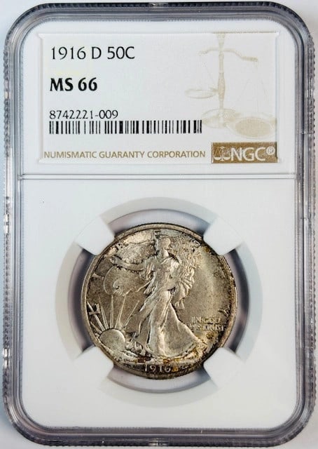 NGC MS66 1916 Denver Walking Liberty Silver Half Dollar Coin: NGC MS66 1916 Denver Walking Liberty Silver Half Dollar Coin This is a 1916 D Walking Liberty Half Dollar graded MS-66 by NGC. The coin is uncirculated and composed of silver. Minted in Denver, it is 
