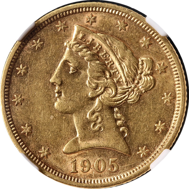 1905-S Liberty Head Half Eagle NGC AU58: 1905-S Liberty Head Half Eagle NGC AU58 This 1905-S Liberty Gold $5 coin is graded AU58 by NGC. It features a pleasing eye appeal with attractive luster, strong strike, and nice color. The coin is com
