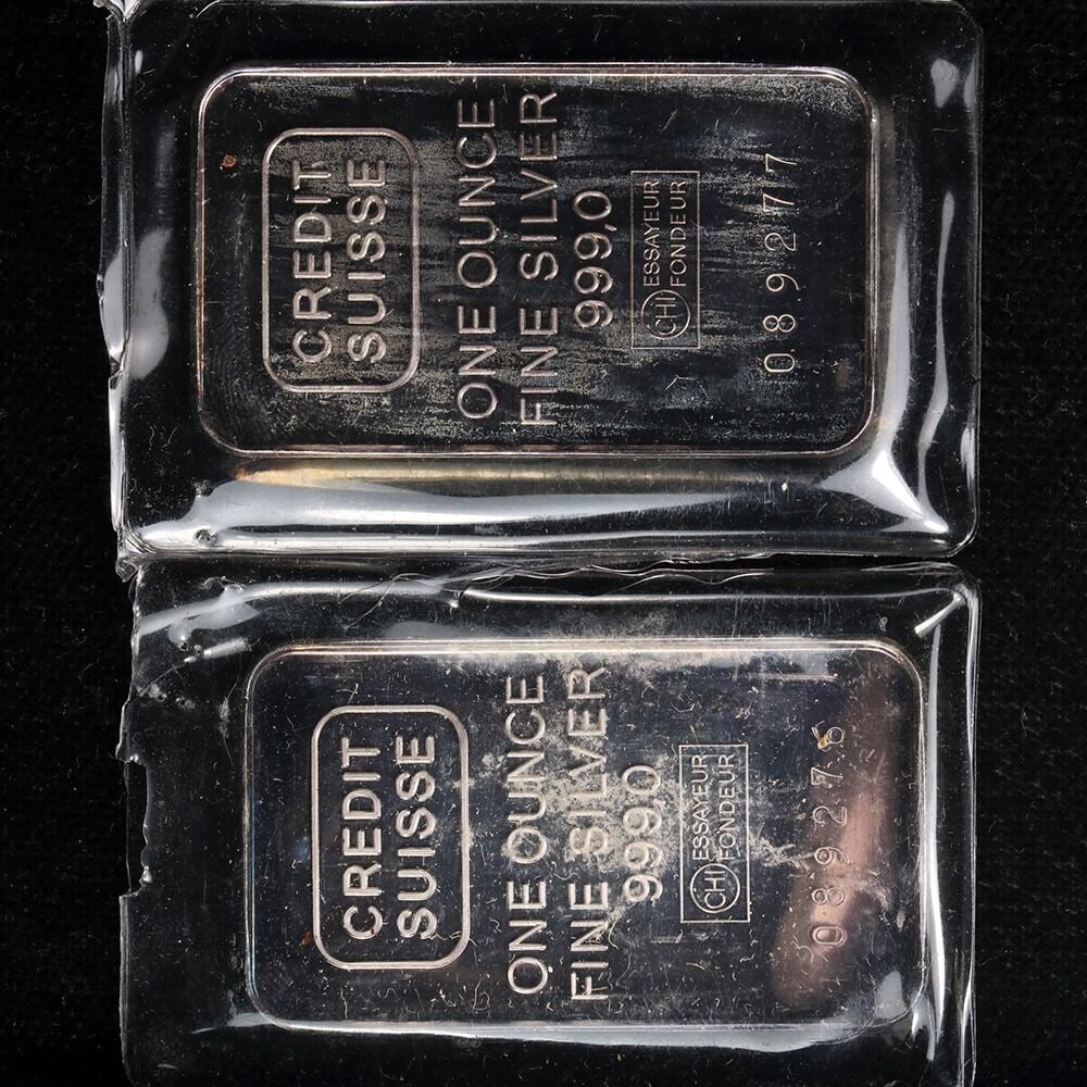 Lot of 2 Credit Suisse 1 Ounce .999 Silver Bars Consecutive 6 Digit Serials (1 of 2)