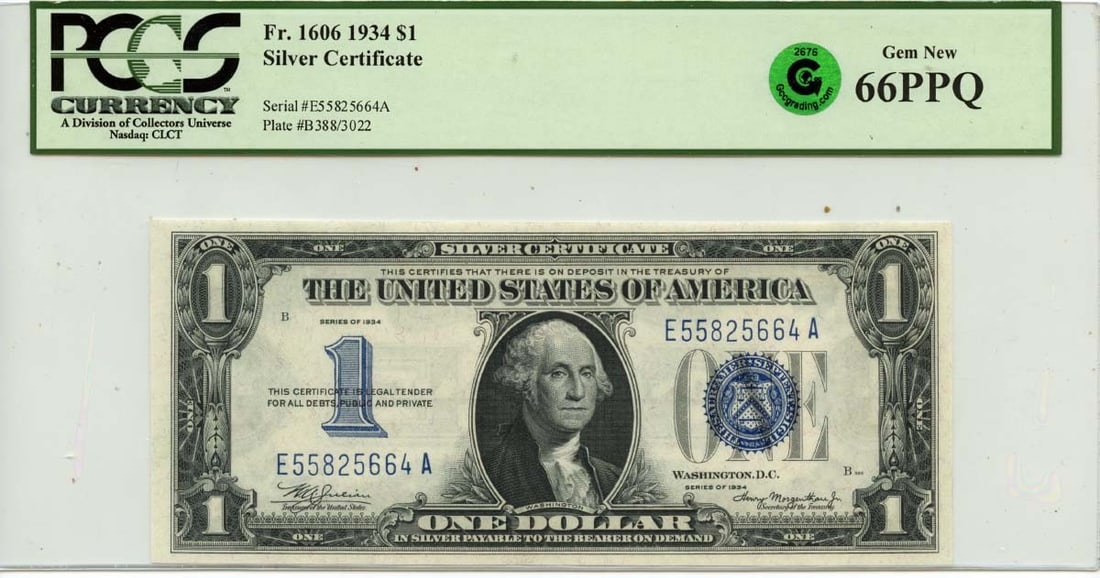 1934 United States $1 Silver Certificate PMG 65 EPQ Fr 1606: 1934 United States $1 Silver Certificate PMG 65 EPQ Fr 1606 1934 $1 Silver Certificate graded PMG Gem 65 EPQ. This uncirculated, pre-owned note is a certified example of a United States Silver Certifi