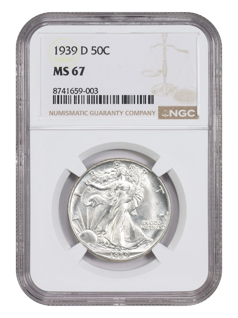 NGC MS67 1939-D Walking Liberty Half Dollar 50C Uncirculated: NGC MS67 1939-D Walking Liberty Half Dollar 50C Uncirculated 1939-D Walking Liberty Half Dollar certified by NGC as MS67. This uncirculated Denver-mint coin features stark white surfaces with tactile 
