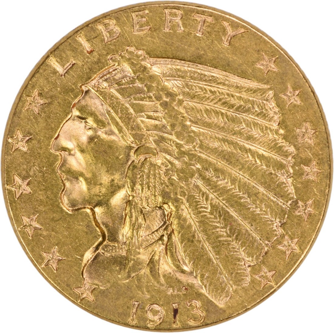 1913 Indian Head $2.50 Gold Coin BU Uncertified: 1913 Indian Head $2.50 Gold Coin BU Uncertified 1913 $2.50 Gold Indian coin in BU uncirculated condition. It is uncertified and identified as a pre-1933 United States issue with no mint mark. Specific