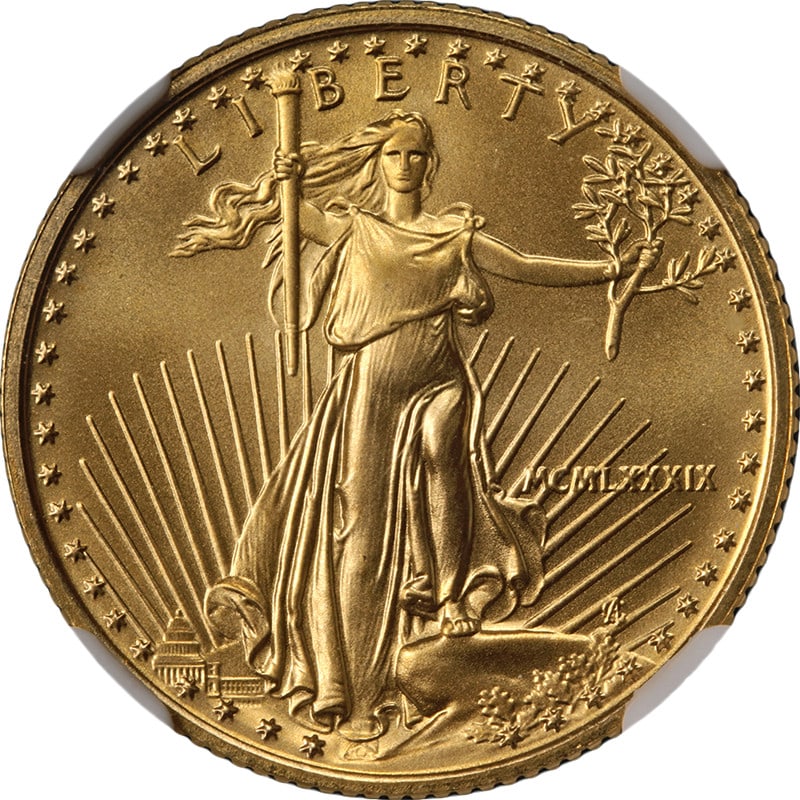 NGC MS70 1989 Ten Dollar Gold American Eagle Coin Uncirculated: NGC MS70 1989 Ten Dollar Gold American Eagle Coin Uncirculated This 1989 Gold American Eagle $10 coin is certified by NGC with an MS70 grade, indicating it is in perfect uncirculated condition. The co