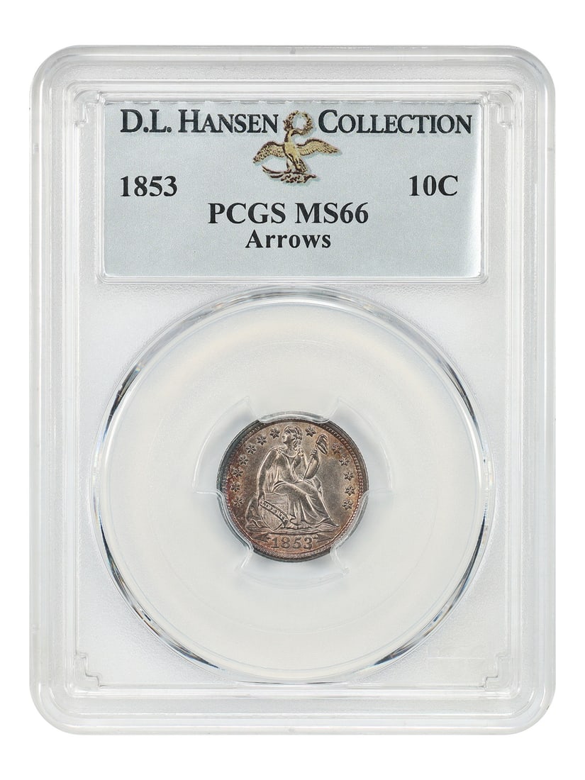 PCGS MS66 1853 Liberty Seated Dime 10C Arrows ex D.L. Hansen: PCGS MS66 1853 Liberty Seated Dime 10C Arrows ex D.L. Hansen 1853 Liberty Seated Dime with Arrows, certified PCGS MS66. This uncirculated example is described as a superb representative of this popula