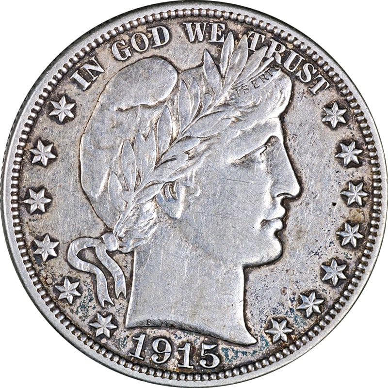 1915 S Barber Half Half Dollar Silver Choice XF: 1915 S Barber Half Half Dollar Silver Choice XF This 1915-S Barber Half Dollar is a circulated silver coin from the United States, graded Choice Extra Fine (XF). It features strong eye appeal, a well-