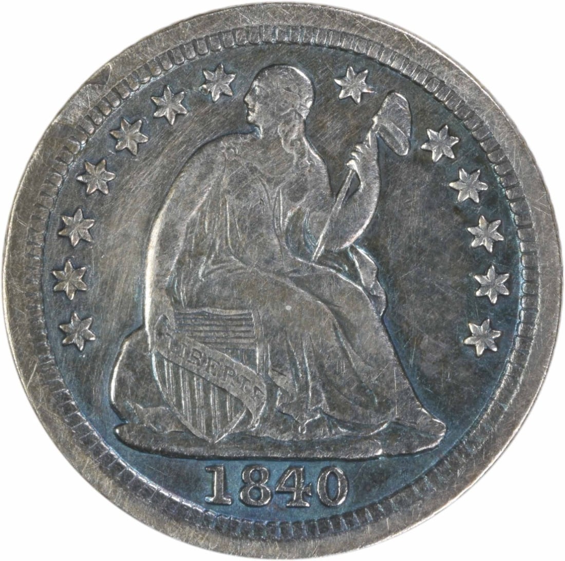 1840-O Seated Liberty Half Dime New Orleans EF Uncertified: 1840-O Seated Liberty Half Dime New Orleans EF Uncertified This 1840 Liberty Seated Silver Half Dime was struck at the New Orleans Mint and features the drapery design. Composed of 90% silver and 10% 