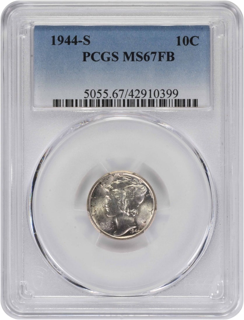 PCGS MS67FB 1944-S Mercury 10C Silver Dime: PCGS MS67FB 1944-S Mercury 10C Silver Dime This is a 1944 Mercury Dime struck at the San Francisco Mint. Graded MS67FB by PCGS, this uncirculated coin features the iconic design by Adolph Alexander We