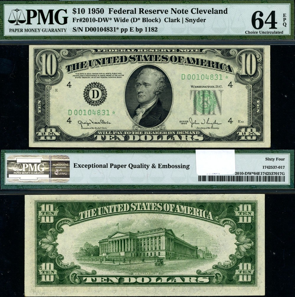 1950 $10 Federal Reserve Note Cleveland D Block PMG CU64 EPQ: 1950 $10 Federal Reserve Note Cleveland D Block PMG CU64 EPQ This 1950 Federal Reserve Note features a denomination of $10 and is from the Cleveland D-* Block. It is certified by PMG with a grade of C
