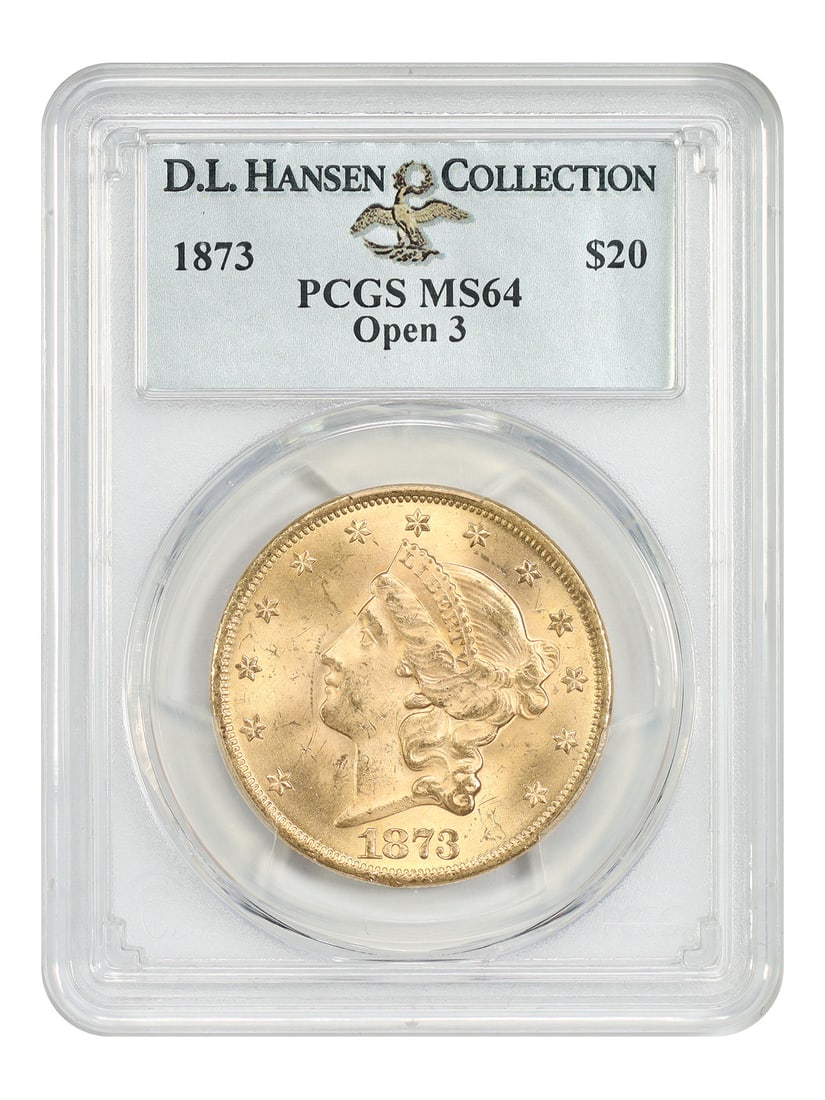 PCGS MS64 1873 Liberty Head $20 Double Eagle Open 3: PCGS MS64 1873 Liberty Head $20 Double Eagle Open 3 1873 Liberty Head $20 Open 3 gold coin graded PCGS MS64. This uncirculated example is an 1873 Open 3 double eagle, a type that can be located throug