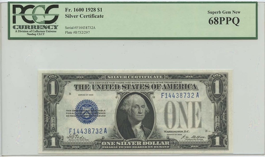 1928 $1 Silver Certificate FR#1600 PCGS 68 Superb Gem New: 1928 $1 Silver Certificate FR#1600 PCGS 68 Superb Gem New This 1928 $1 Silver Certificate (FR#1600) is graded as MS68 by PCGS, showcasing its superb gem quality. It is uncirculated, making it an excel