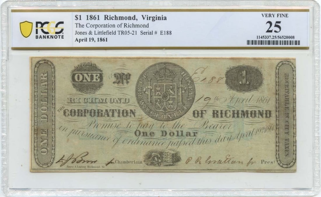 PCGS VF25 1861 Richmond Virginia Corporation of Richmond $1 Obsolete Note (1 of 2)