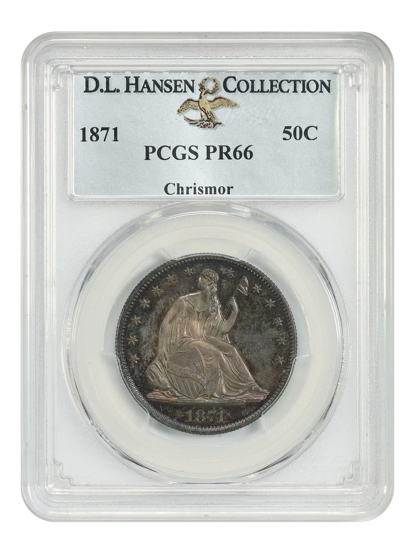 PCGS PR66 1871 Liberty Seated Half Dollar 50C ex D.L. Hansen Chrismor: PCGS PR66 1871 Liberty Seated Half Dollar 50C ex D.L. Hansen Chrismor 1871 Liberty Seated Half Dollar certified by PCGS as PR66. From a low mintage proof of just 960 coins struck, this uncirculated ex