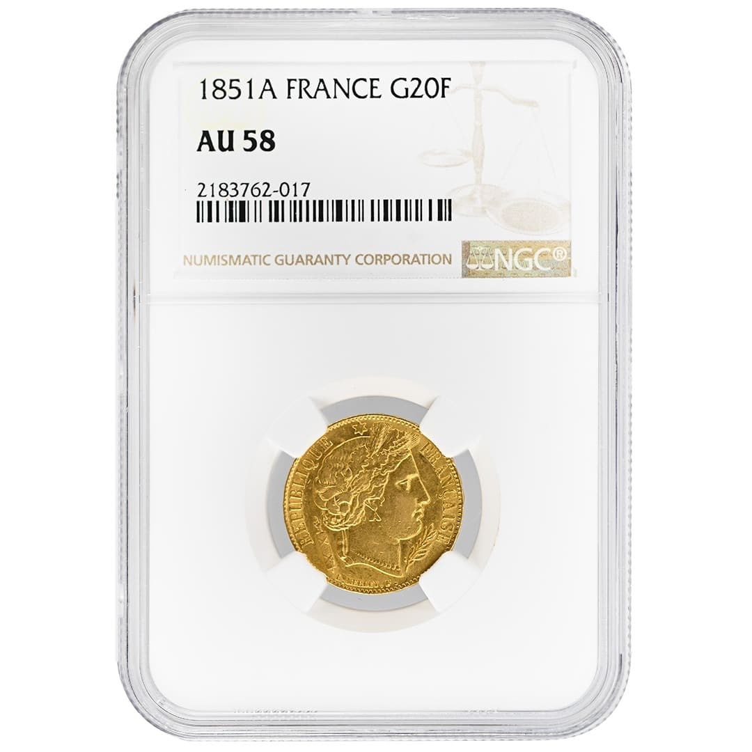 France 1851-A Gold 20 Francs Ceres Right NGC AU58 (1 of 2)