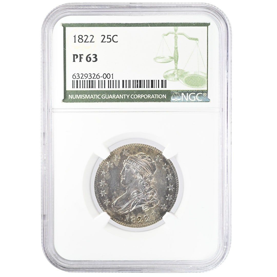 1822 NGC PF63 Capped Bust 25C Proof Quarter: 1822 NGC PF63 Capped Bust 25C Proof Quarter 1822 Capped Bust Quarter certified by NGC as PF63. This proof silver 25C coin features clean mirrored surfaces, a sharp strike, and a basically close-to-whi
